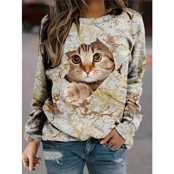 Spring and Autumn Round Neck Cute Cat Pattern 3D Printed Top Fashionable Casual Long Sleeved Women's T-shirts