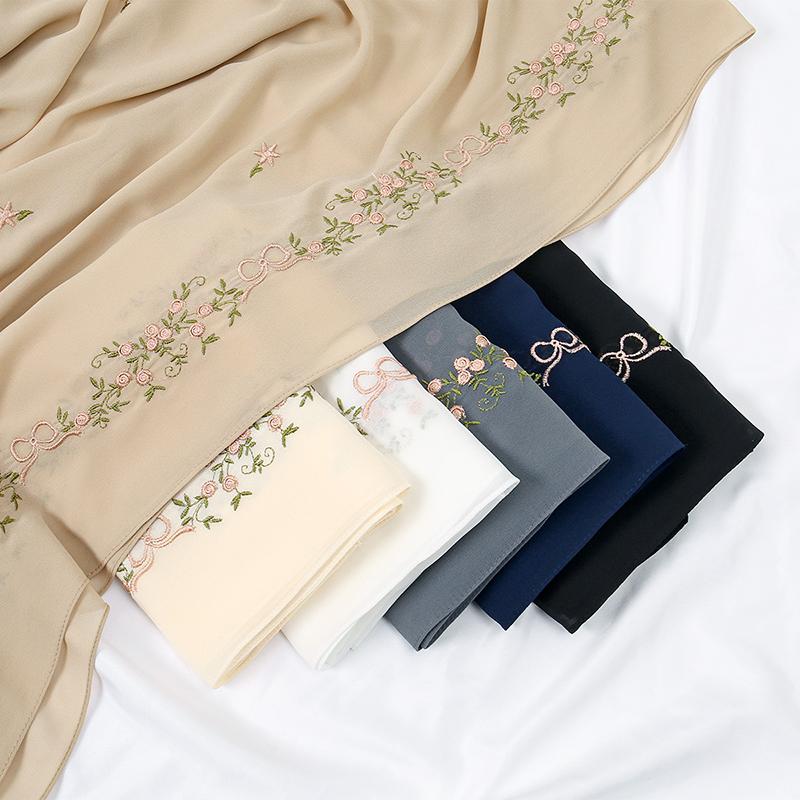 Ramadan Floral Embroidery Chiffon Scarf for Women Muslim Hijab Plain Premium Femme Headscarf Shawl Wrap Islamic Turban Bandana