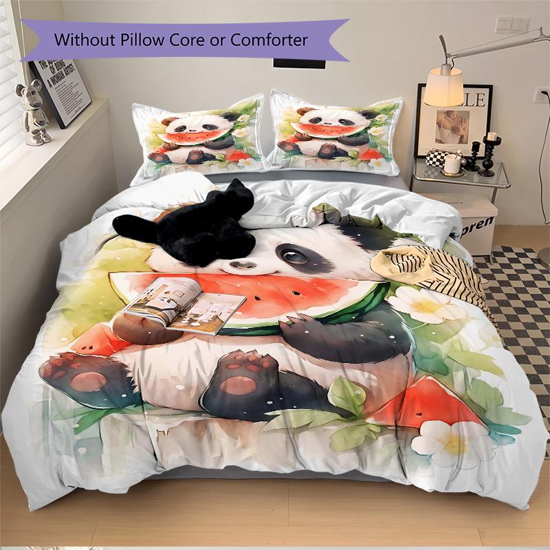 3pcs Panda Eating Watermelon Quilt Cover Set (1 Quilt Cover + 2 Pillowcases Without Pillow Core), High-Definition Printing for Home and Dormitory