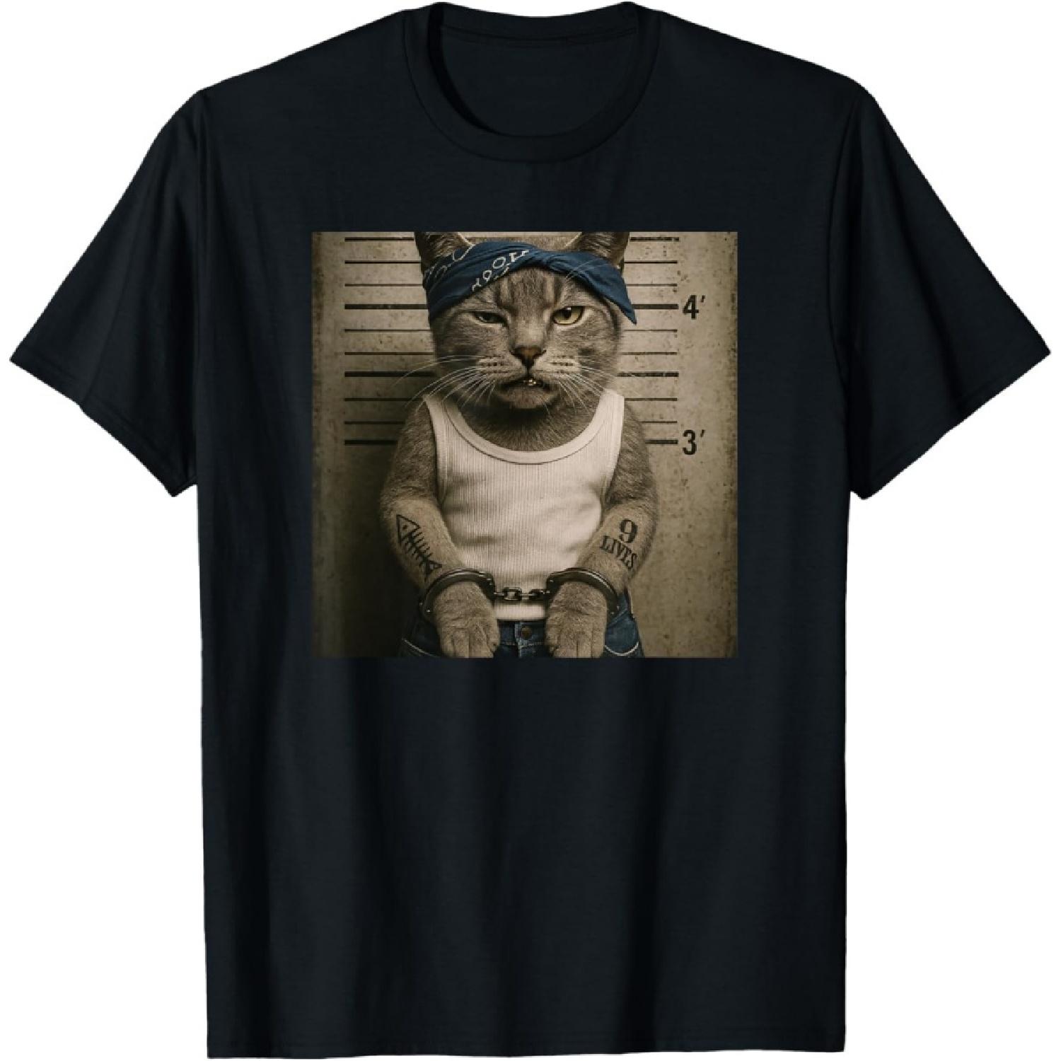XXIAOLONG Funny Cat Mugshot Meme T-Shirt S
