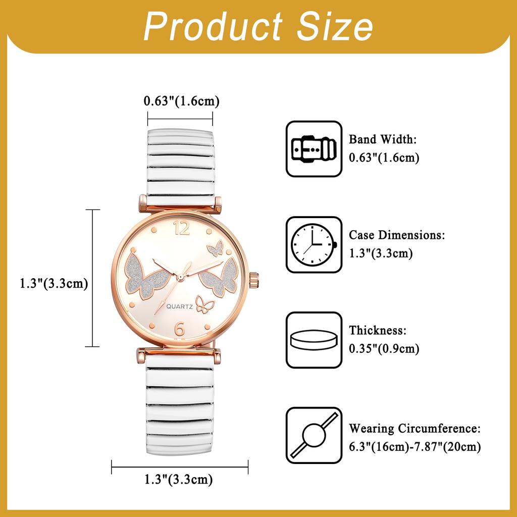Watch Butterfly Analog Stainless Steel Elastic Stretch Band Arabic Sunray Party Gift for White Friend Women's Charm Quartz, Sparkling, Bangle,