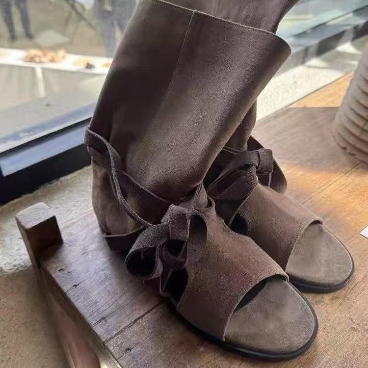 Niche Retro Straps, Leather Flat-bottomed Cool Boots for Women's Summer New Open-toed Thin Medium Boots