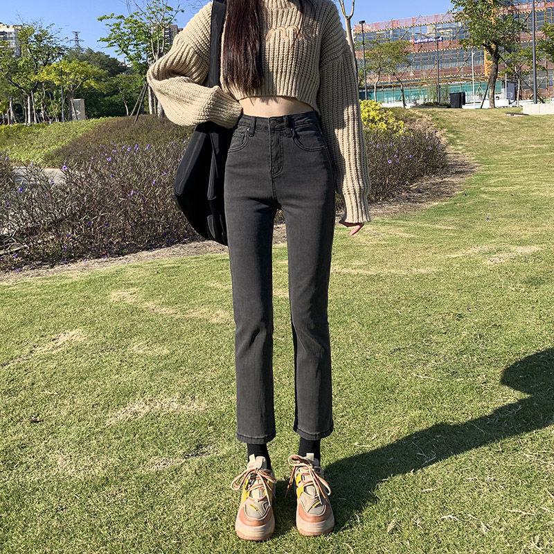 Trendy Women's High Waist Velvet Slimming Straight-Leg Jeans for Winter