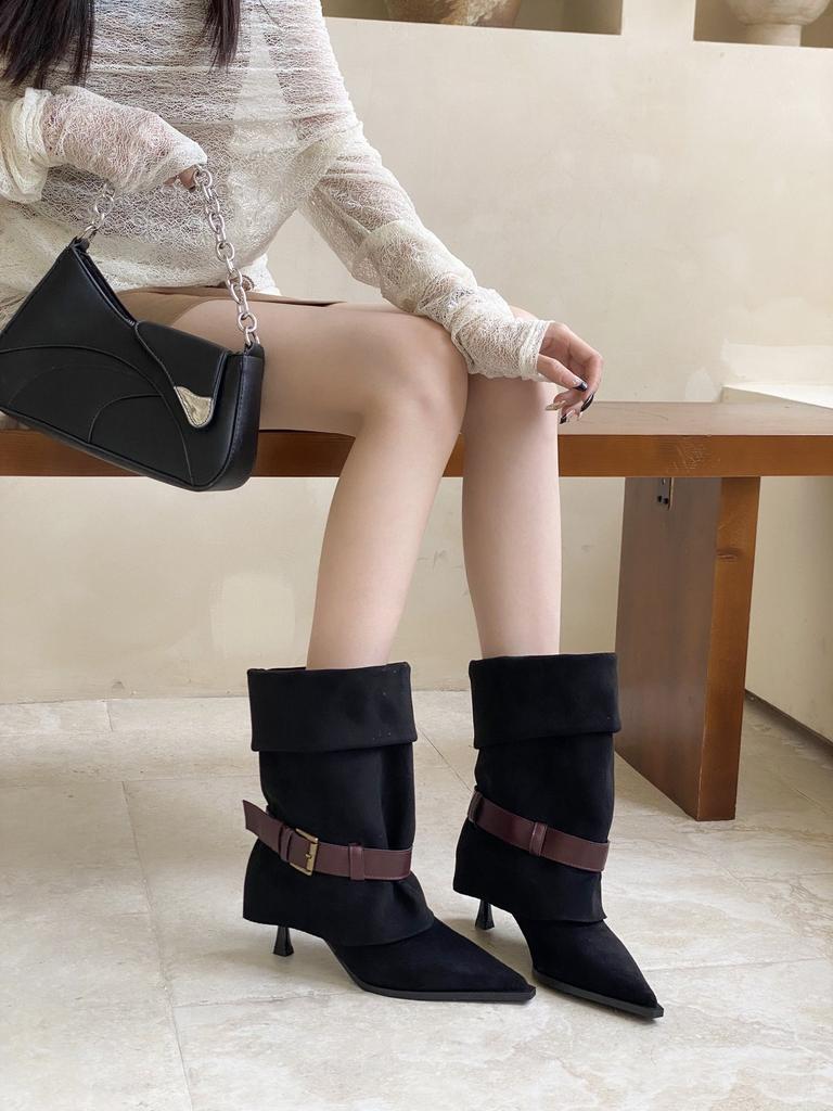 2025 New European and American Suede Belt Buckle Multi-wear Pointed Thin Heel Boots