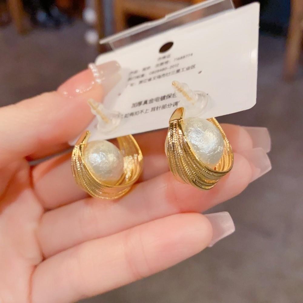 Vintage Geometric Bead Earrings Striped Oval Huggie Earrings Trendy Hoop Earrings For Women