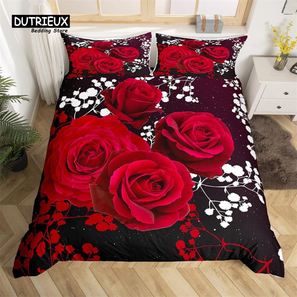 Red Rose Duvet Cover Twin King Romantic Theme Floral Bedding Set Microfiber Love Heart Flowers Quilt Cover For Girl Teen Wedding