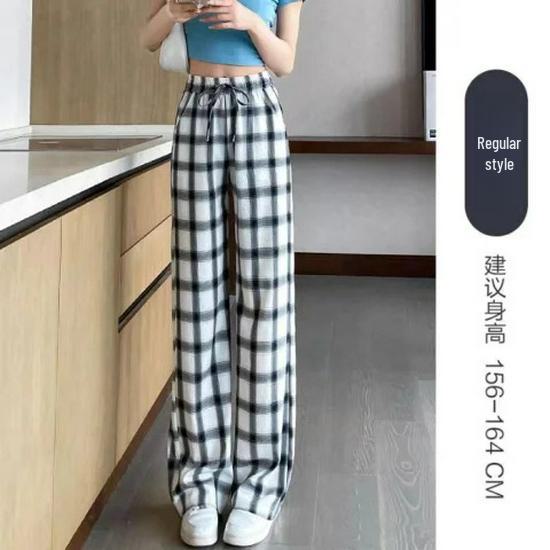 Women's High-Waist Plaid Wide-Leg Drape Pants - Black/White