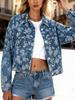 Dámská džínová bunda s květinovým potiskem - Evropská & Americká Jarní/Podzimní Ležérní Jednobarevná