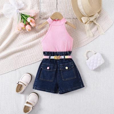 Mädchen Mode Set 2025 Sommer Kinder Freizeit Einfarbig Ärmellose Pullover, Denim High-Waist Shorts mit Gürtel Set