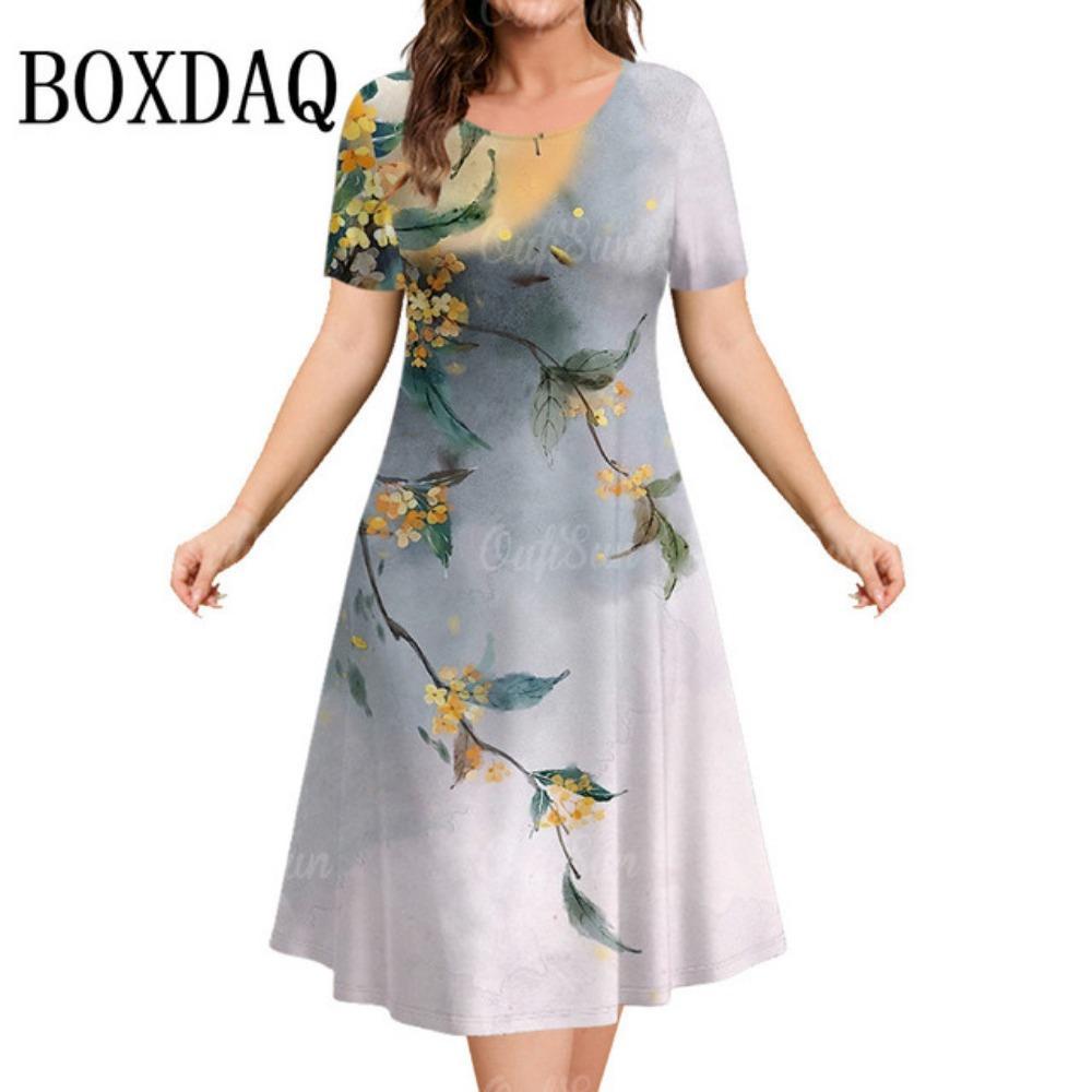 

2026 New 3d Printed Retro Floral Short-sleeved Dress Women s Casual Pullover Loose Round Neck Dress Women s Summer Clothes XL