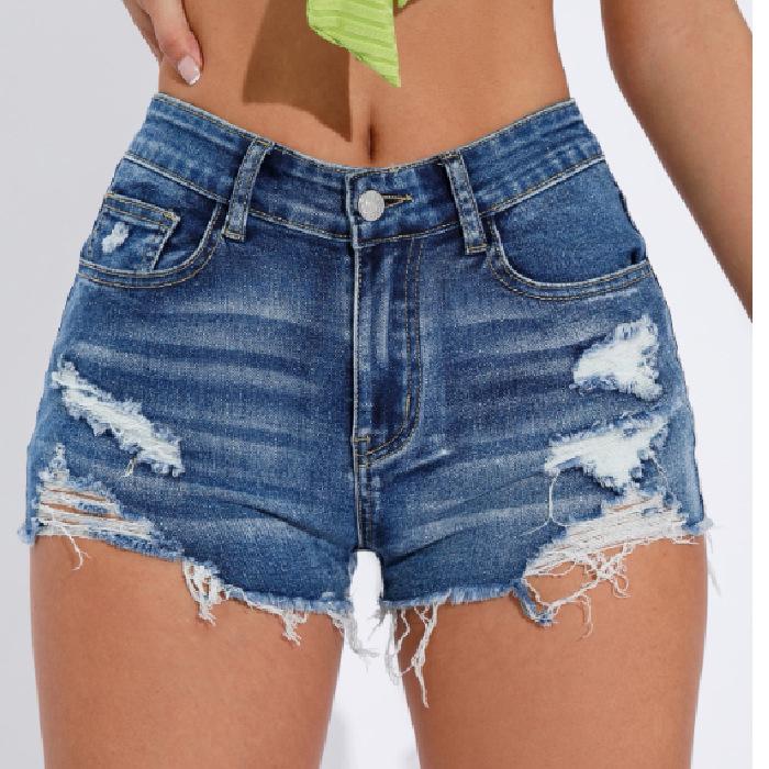 Low-Waist 2025 Distressed Denim Shorts - Women s European & American Style Ripped Jeans Medium синий