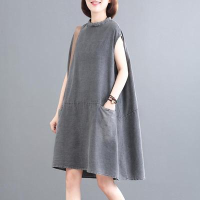 Dámské letní vintage volné džínové šaty bez rukávů nadměrné ležérní sváteční šaty s kapsou