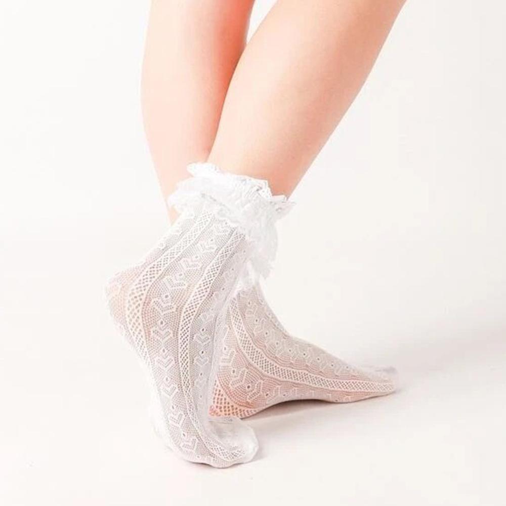 1 Pair Lace Mid Tube Socks Women's Lolita Retro Women's Love Jacquard Princess Sock White Breathable Anti Hook Silk Girls' Socks
