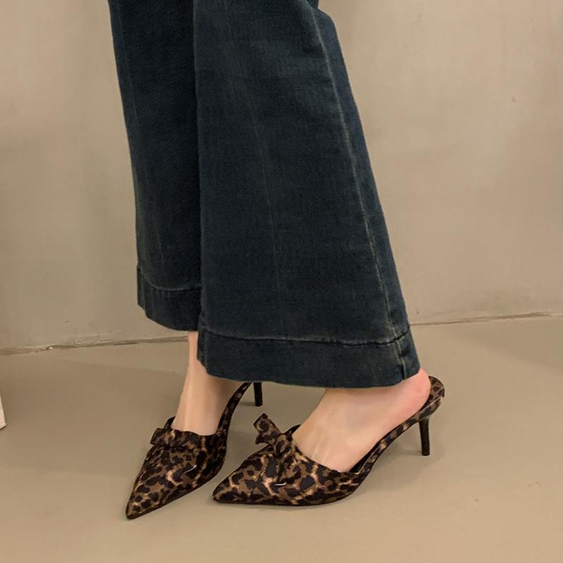 Fashion Bow Leopard Pointed Toe Women Sandals High Heels Slippers Party Shoes Designer 2025 Summer Pumps Flip Flops Woman Shoes Zapatos