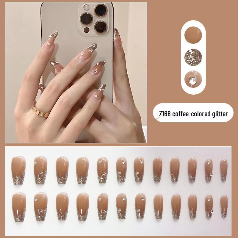 

Носимые французские градиентные кофейного цвета съемные длинные накладные ногти со стразами