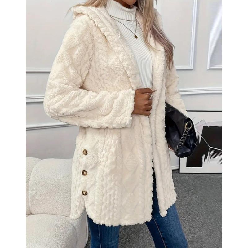 women s Fuzzy Fleece Hooded Open Front Cardigan Button Detail Long Sleeve Casual Winter Outerwear Coat S белый