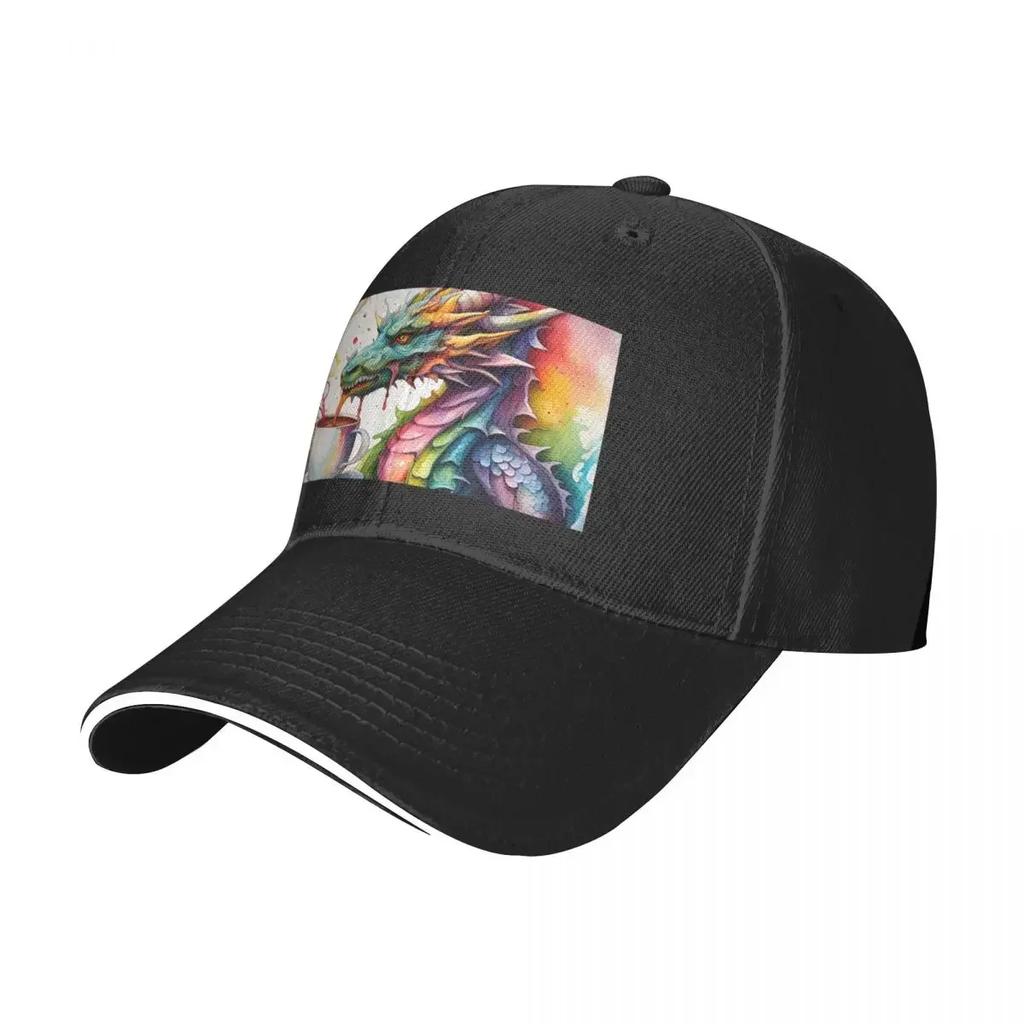 Watercolor Dragon with his Morning Coffee Baseball Cap Fashion Beach Rugby Women's Beach Men's