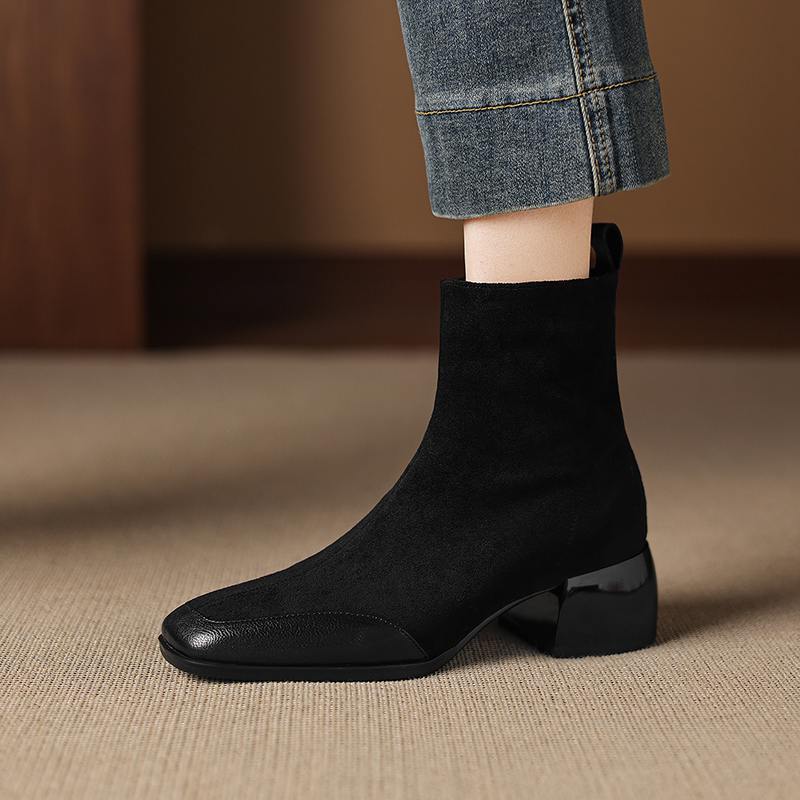 Krazing Pot Sheepskin Flock Winter Square Toe Chunky Heels Chelsea Fashion Boots Women Zip Patch Work Women Ankle Boots