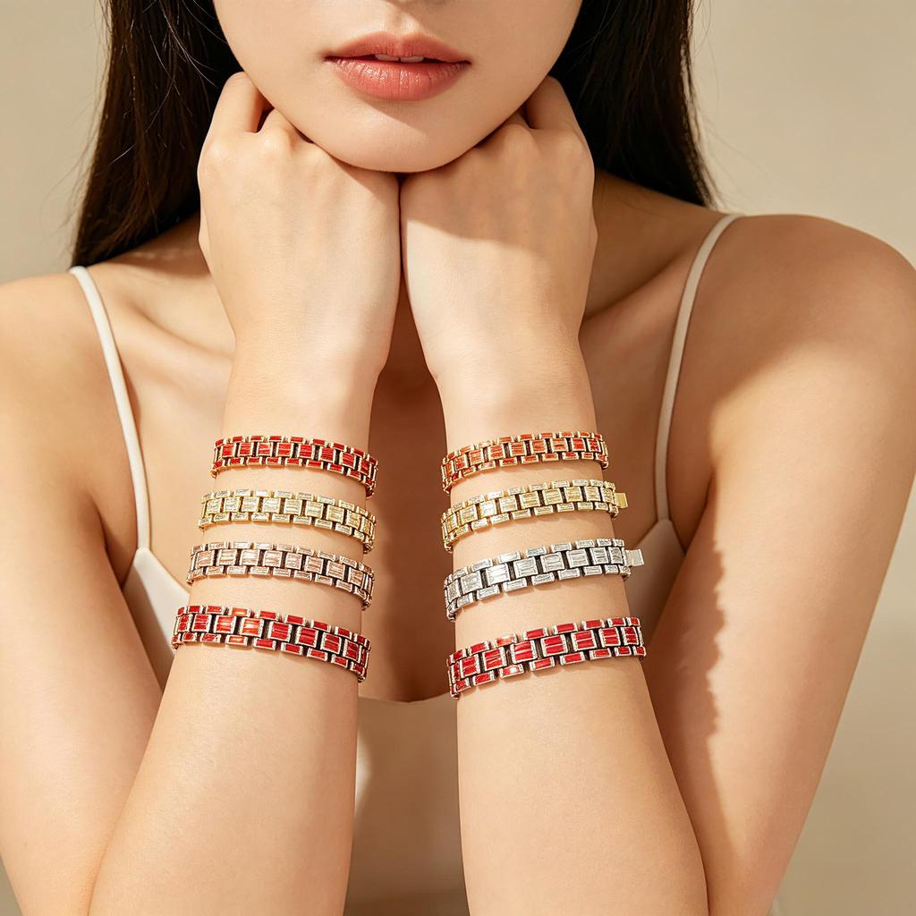 17mm Luxury Iced Out Baguette Cut CZ Charm Bracelet Gold Silver Plated Hip Hop Watch Band Bangle Women's Gift Jewelry