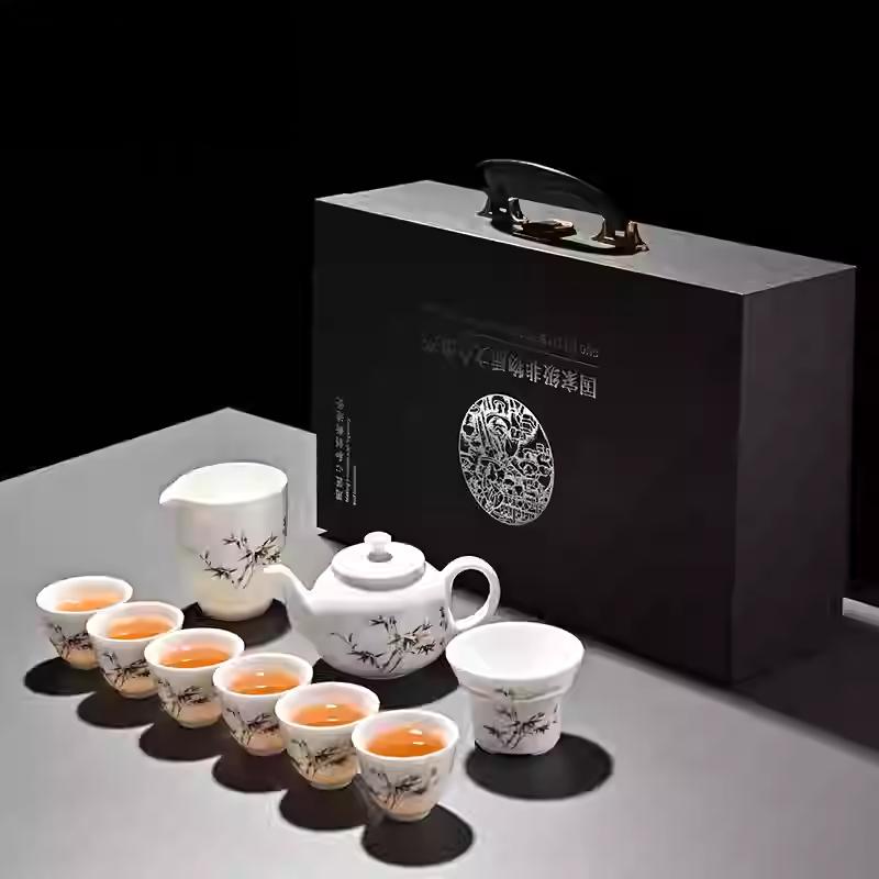 Goat Jade Tea Set Kung Fu Set Chinese Light Luxury Tea Calendars Teacups Office White Porcelain Teapot Covered Bowl Set