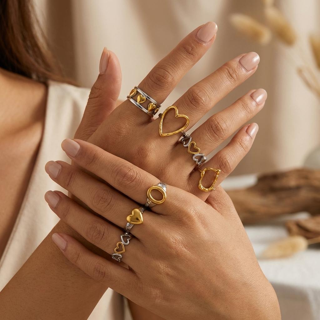 7Pc Abstract Geometric Heart Ring Set for Women Stainless Steel Dual Tone Minimalist Everyday Mix Match Chunky Finger Jewelry