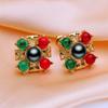 SENIKO Natural Freshwater Pearl Earrings For Women Fashion Gold Color Green and Red Flower Stud Earrings Party Jewelry