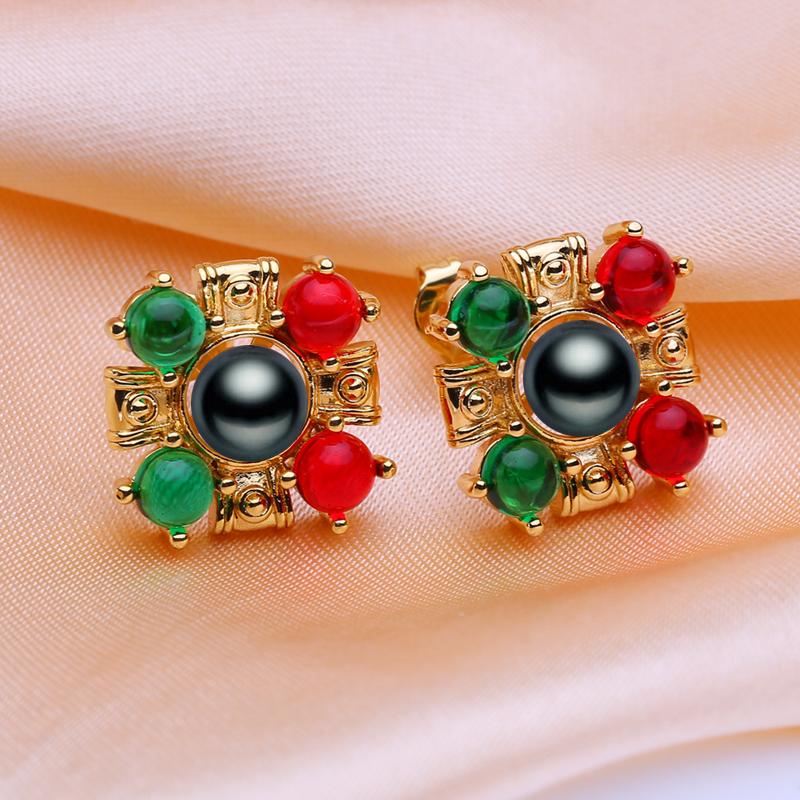 SENIKO Natural Freshwater Pearl Earrings For Women Fashion Gold Color Green and Red Flower Stud Earrings Party Jewelry
