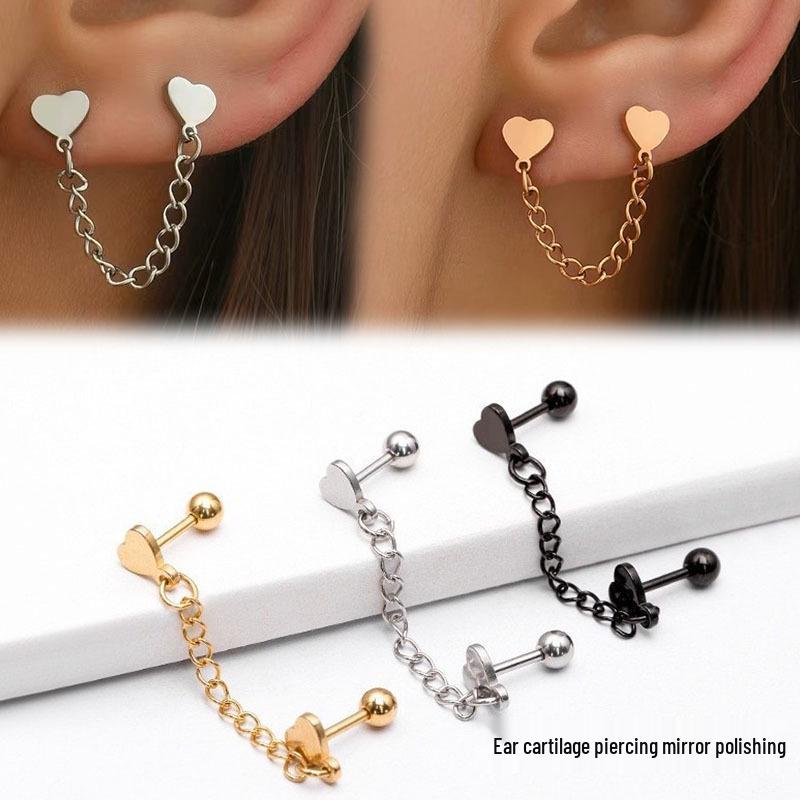 Women's Stainless Steel & Titanium Star Heart Butterfly Double Ear Chain Earrings