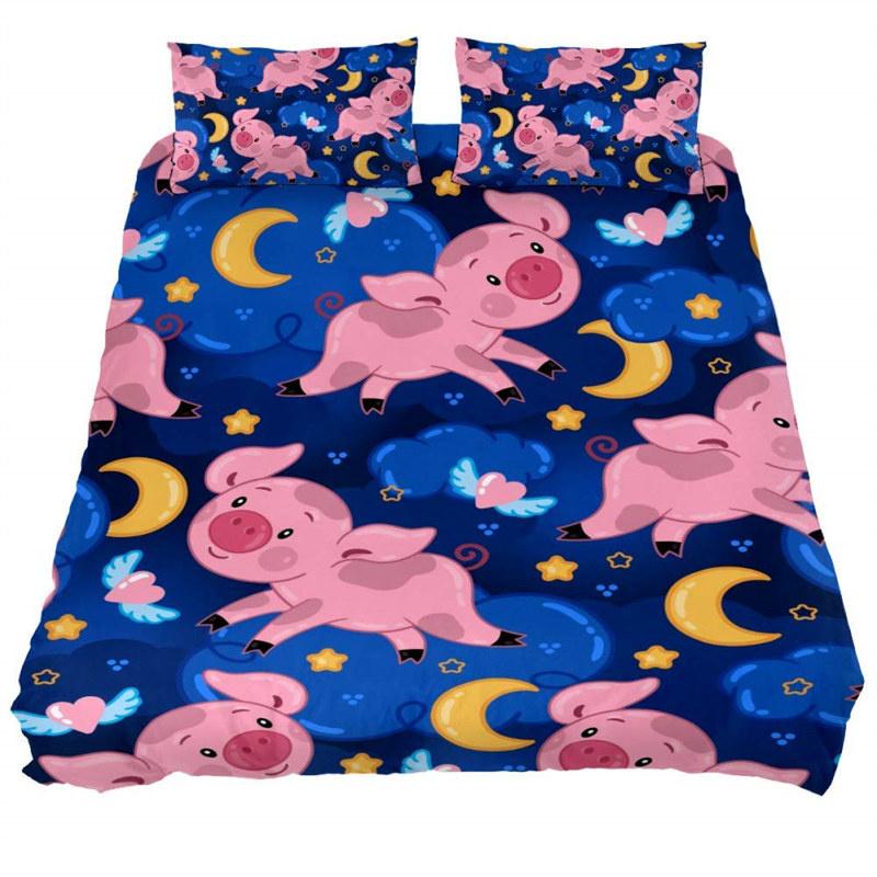 Cartoon Lovely Pig Duvet Cover Set Kawaii Animal Bedding Set King Microfiber Farmhouse Wildlife Theme Comforter Cover Pillowcase