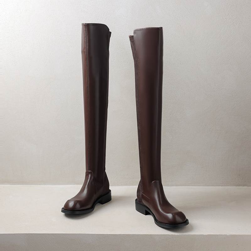 Krazing Pot Flock Microfiber Autumn Winter Shoes Thick Heels Size 43 Long Boots Black Brown Stretch Over-the-knee Boots
