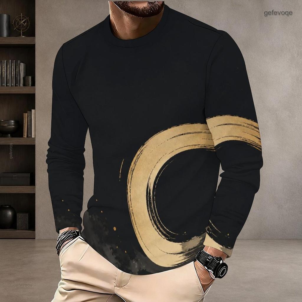 Men Plus Size Round Neck Long Sleeve Printed T Shirt Black Gold Blue Casual Pullover
