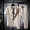 Set T-shirt e Pantaloni Lunghi Estivi da Uomo in Seta di Ghiaccio e Cotone Lino - Colore Unito Casual, Disponibile in Taglie Forti