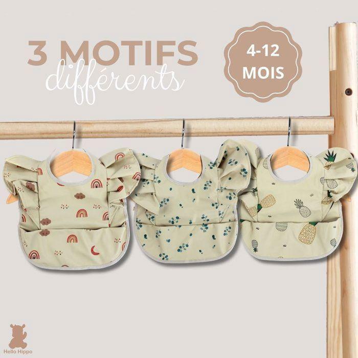 Lot de 3 Bavoirs Froufrou Imperméables avec Poche Récupératrice - Hello Hippo – Protection Élégante pour Bébé | Bavoir Imperméable