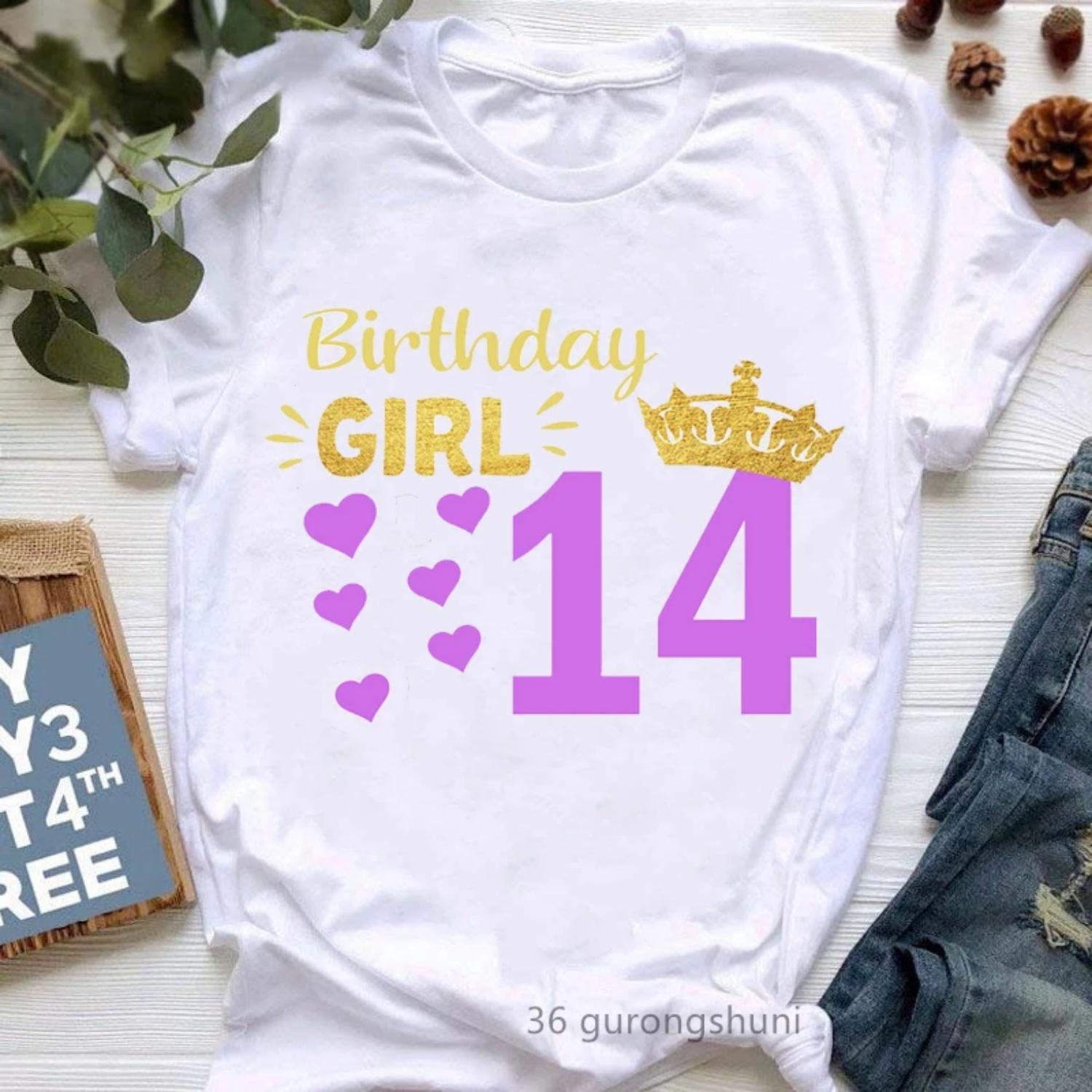 Birthday Girl 14th Graphic Print Tshirt Girls Harajuku Kawaii Clothes Golden Crown Love T-Shirt Femme Summer Tops Tee Shirt XXXXXL белый 1590₽