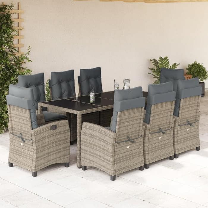 VidaXL Ensemble à Manger de Jardin avec Coussins 9 pcs, Table et Chaises avec Dossier Réglable, Meubles d'Extérieur, 3212652