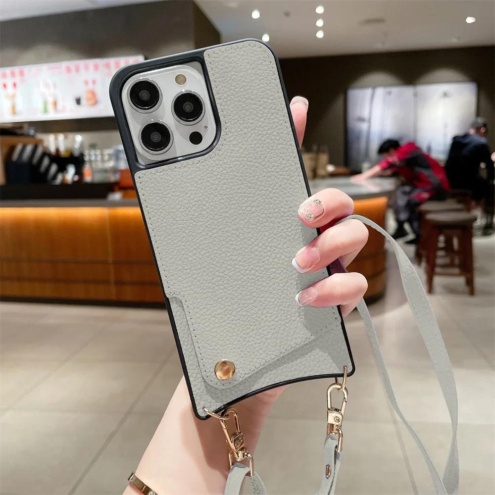 Husă de telefon tip portofel crossbody pentru iPhone 16E 16 15 14 Plus 13 12 11 Pro Max, husă din piele cu suport pentru carduri și curea din frânghie
