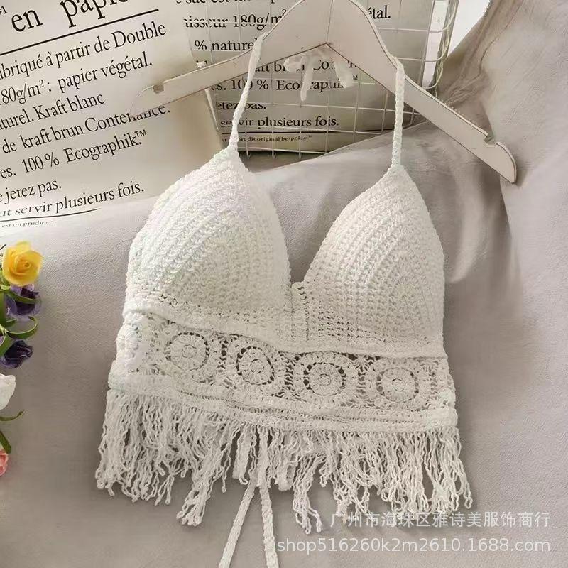 New fashionable and sexy tube top with small suspenders for women's summer seaside beach lace-up hollow knitted neck top