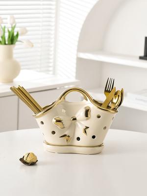 Storage Rack Ceramic Light Luxury Chopsticks Bow Cabas Simple Modern Kitchen Household Drain Box Spoon Knife and Fork Tableware