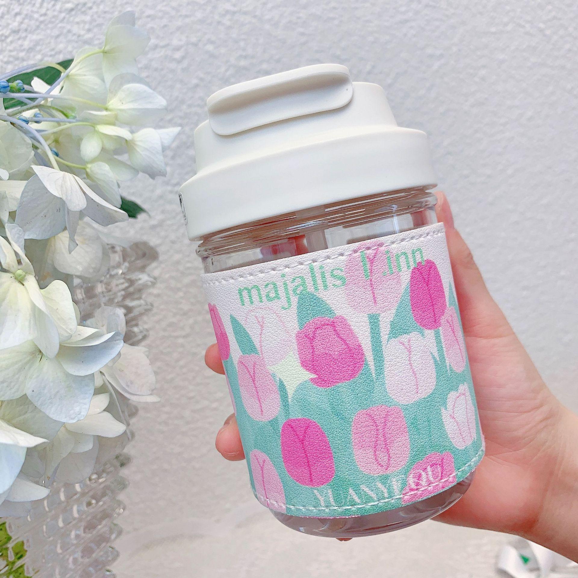 

Пластиковая бутылка для воды Kawaii Tulip с крышкой и ремешком-соломинкой для девочек, симпатичная, 450 мл, чашка для кофе, сока, молока, портативная бутылка для питья 450ml