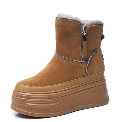Mode 2024 Hoge kwaliteit 9CM Suède Koe Echt Leer Platform Wedge Winter Pluche Dameslaarzen Verborgen Hakken Lente Warme Enkellaarsjes