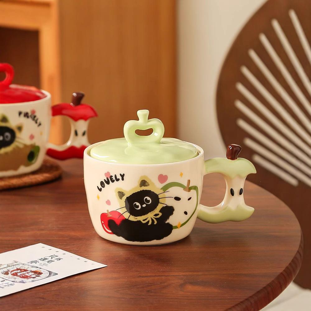 Apple Cat Ceramic Cup with Lid for Girls Gift Cup for Household Mug High Looking Couple Milk Breakfast Cup