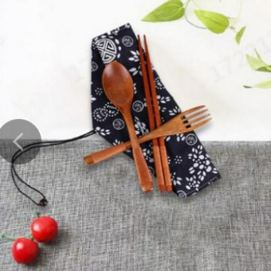 Japanese Style Portable Cutlery Set: Wooden Chopsticks, Fork, Spoon with Binding Wire and Cloth Bag for Outdoor Travel