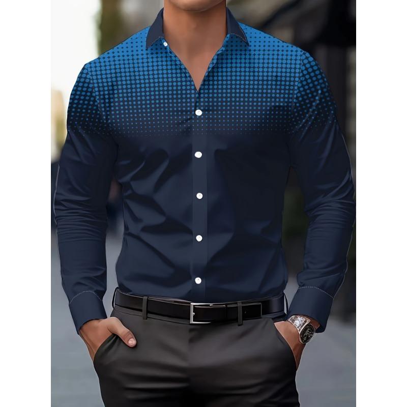 Herren Freizeit Langarm Hemd mit Knöpfen - Farbverlauf Blau zu Grau Print, Polyester, Maschinenwaschbar, Klassischer Kragen, Bequeme Passform