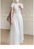 Elegant Slim-fit Round Neck Patchwork Dress for Women - Waist-cinching Solid White, Gentle Style, Summer Long Dress