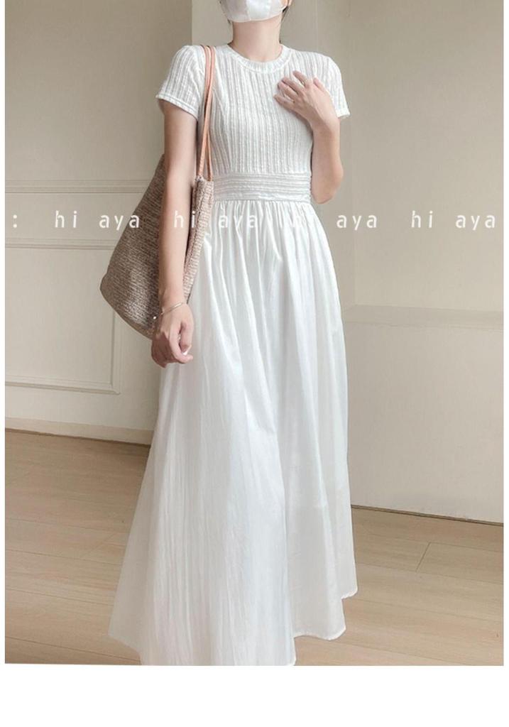 Elegant Slim-fit Round Neck Patchwork Dress for Women - Waist-cinching Solid White, Gentle Style, Summer Long Dress
