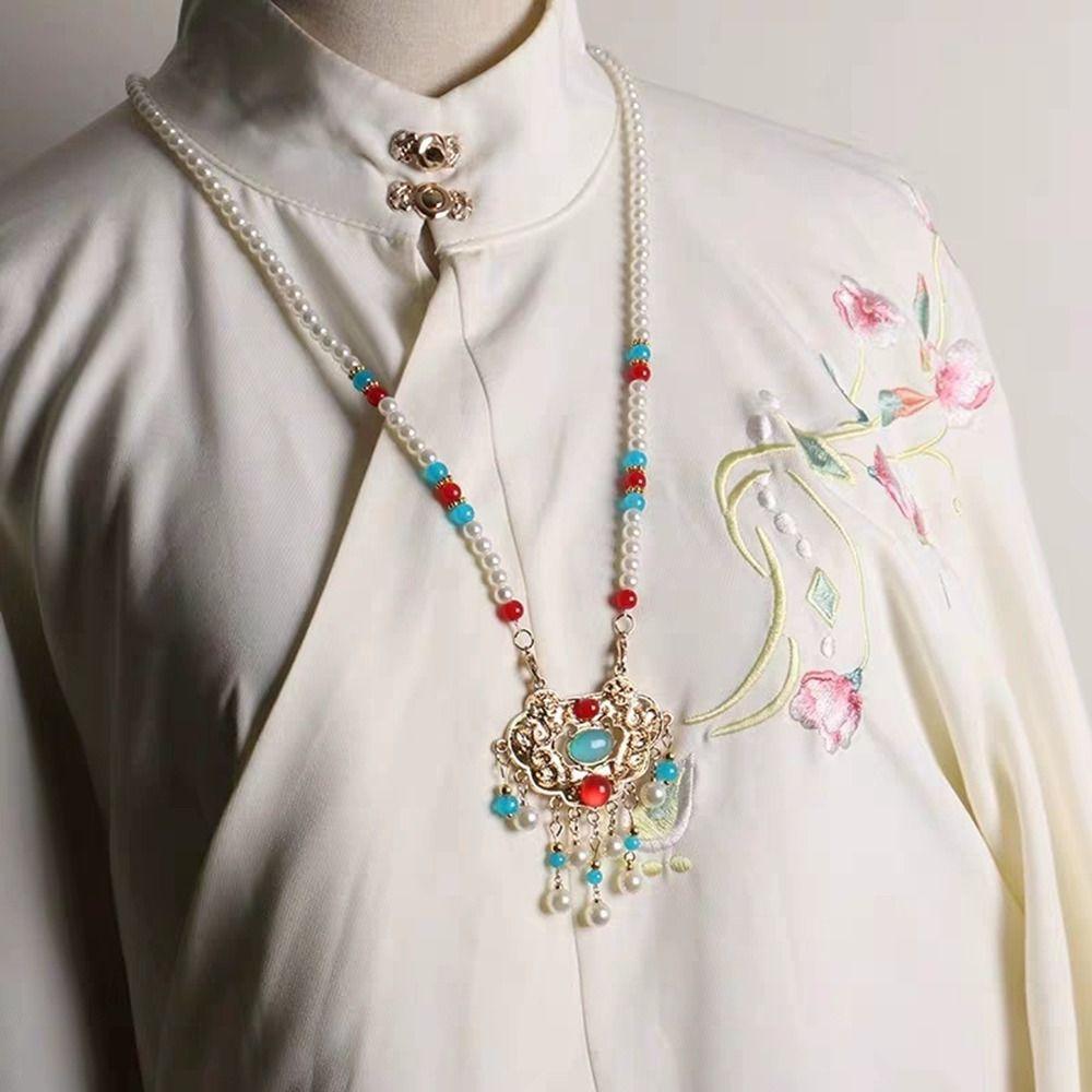 Chinese Style Horse Face Skirt Necklace Pearl Chinese Necklace Vintage Long Tassel Necklace  Women