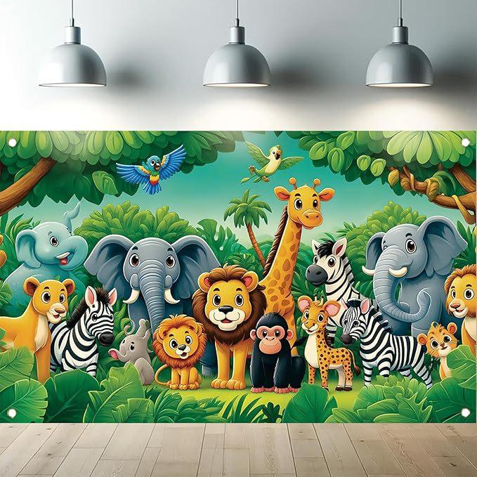 Cartoon Jungle Zoo Children's Birthday Party Decoration Photography Background Cloth Banner