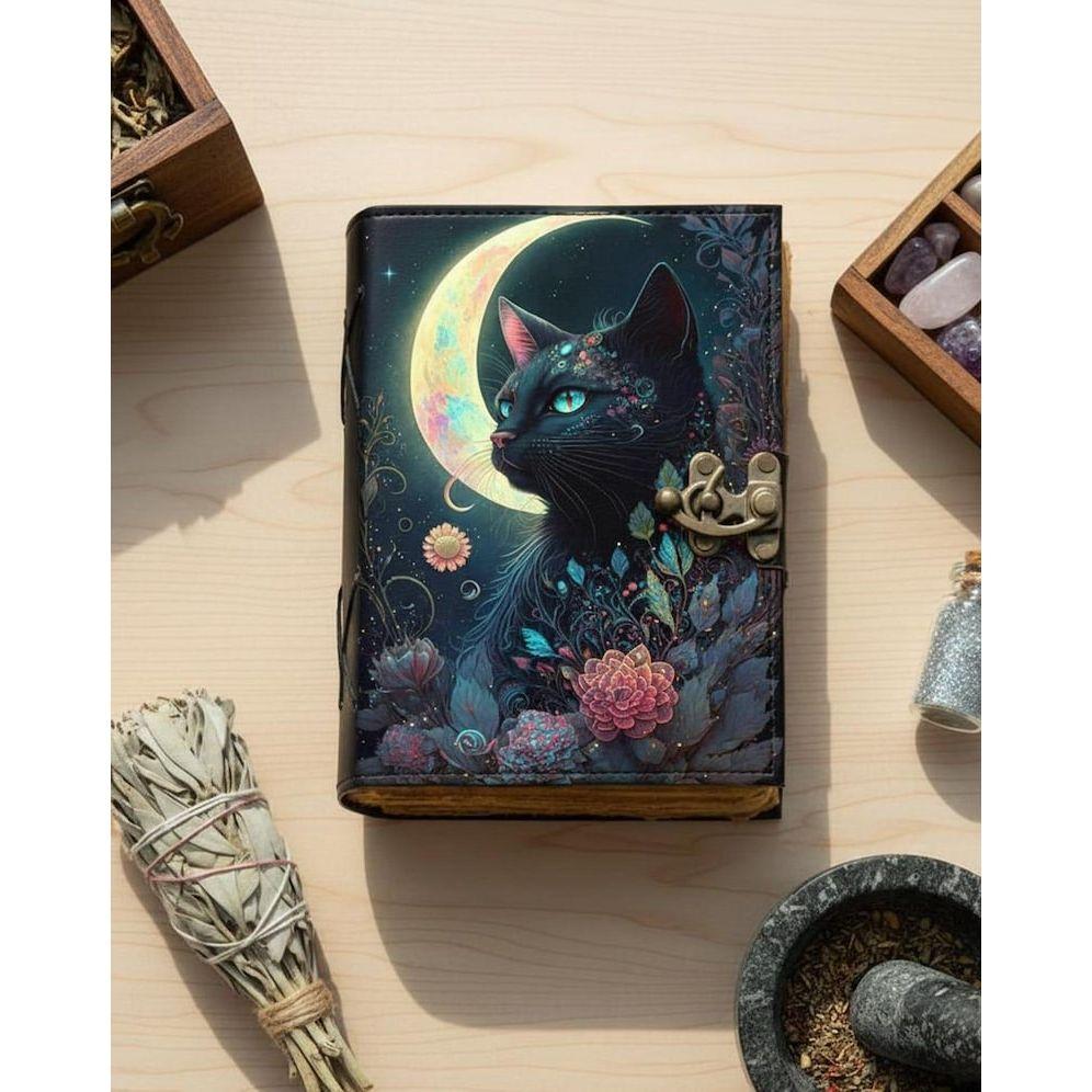 Cat Moon Leather Journal: Vintage Look Grimoire Book of Shadows