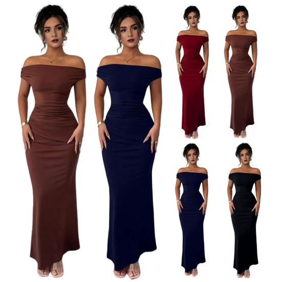 Off The Shoulder Maxi Dress for Women Ruched Fishtail Sexy Bodycon Long Dress with Metal Accent Wedding Guest Party Evening Gown