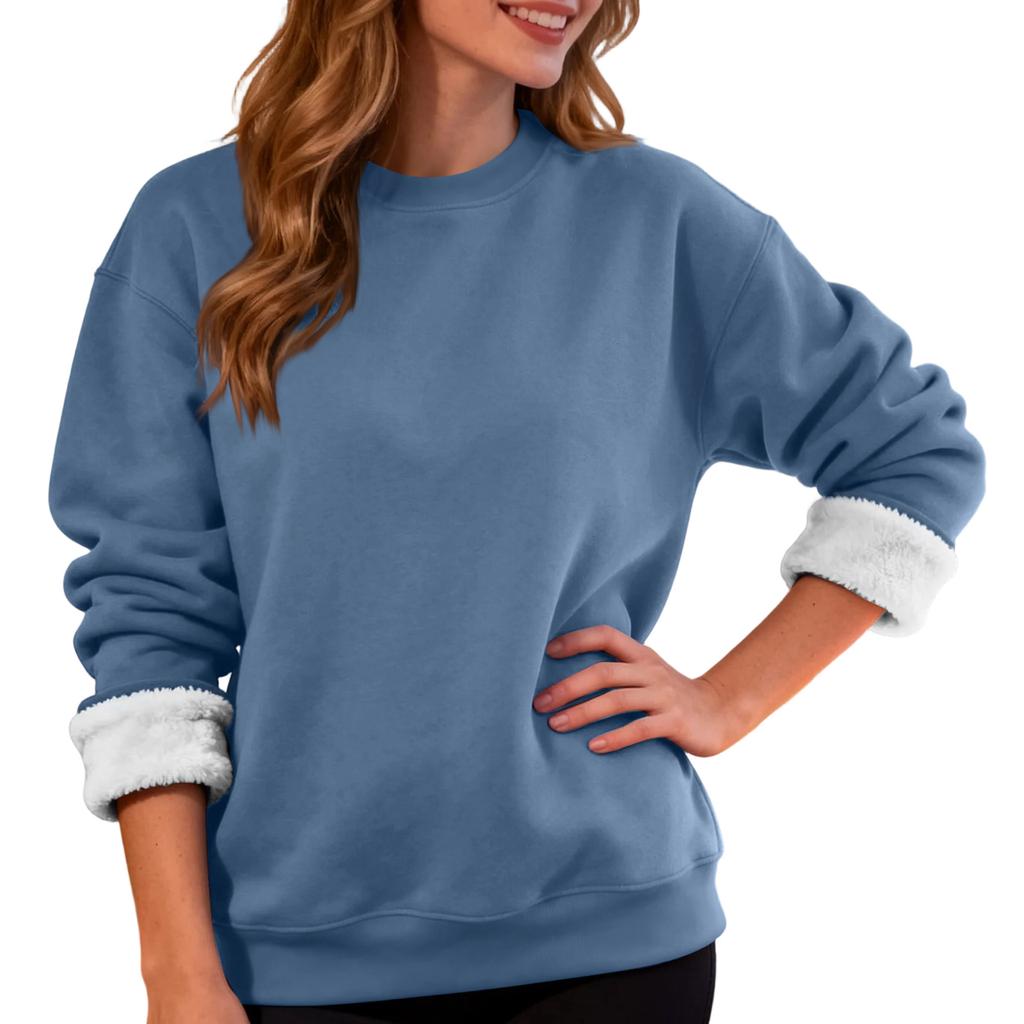 Dame Casual Mote Rundhals Genser Vinter Ensfarget Plysj Genser